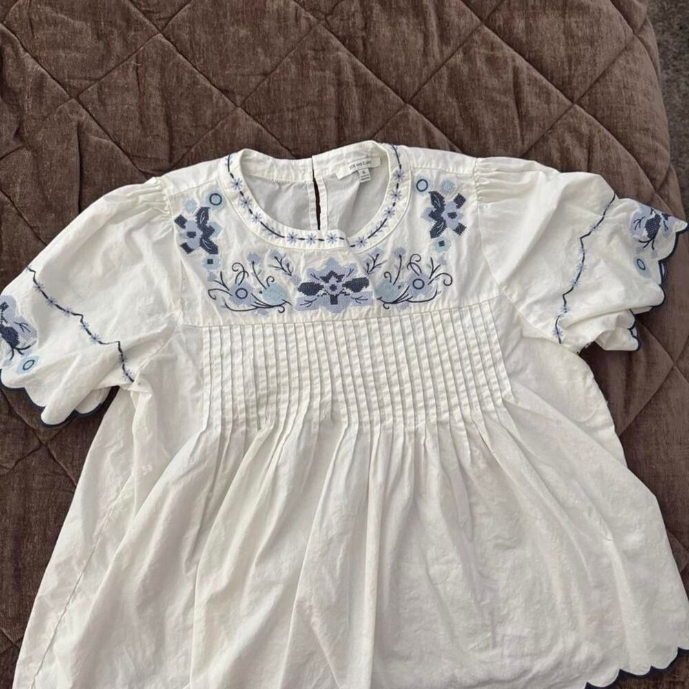 Zoe and Claire White Blue Embroidered Babydoll Blouse XL Cottagecore Boho